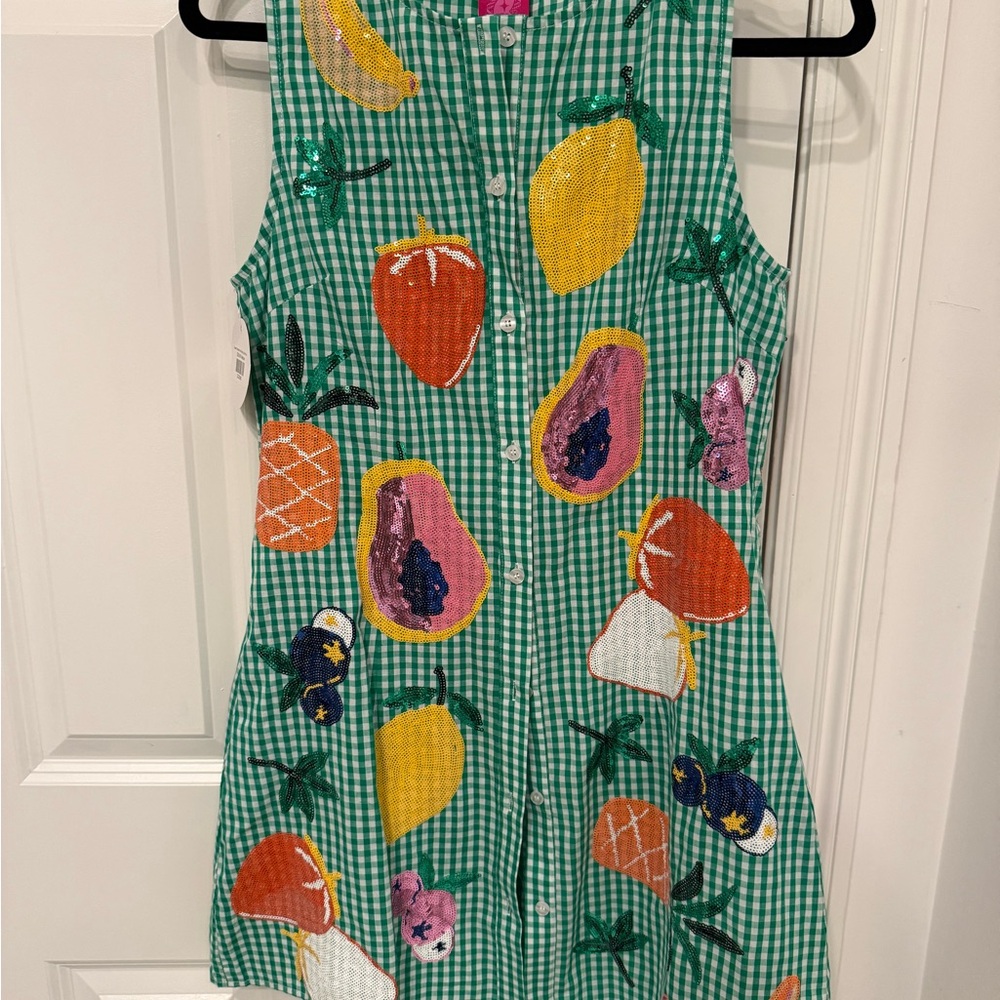 QUEEN OF SPARKLES Green Gingham Fruit Dress